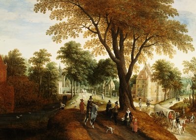 Elegant Horsemen and Figures on a Path in Front of a Chateau by Sebastian Vrancx