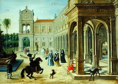Horseman and Elegant Figures Outside a Palace Courtyard by Sebastian Vrancx