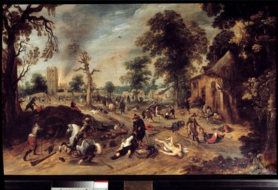 Looting in a Village. A Group of Horsemen Looted and Slaughtered the Inhabitants of a Village, the Body of a Naked Woman Lies on the Ground, Another is Dragged by the Hair. Painting by Sebastien Vrancx by Sebastian Vrancx
