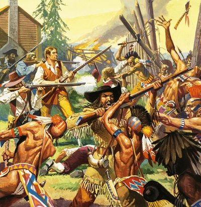 Daniel Boone defending a Kentucky homestead from attacking Indians by Severino Baraldi