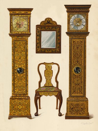 Clock Inlaid with Light Marqueterie, property of Percy Macquoid; Clock Inlaid with Dark Marqueterie, Victoria and Albert Museum; Walnut Chair Inlaid with Marqueterie; Mirror by Shirley Charles Llewellyn Slocombe