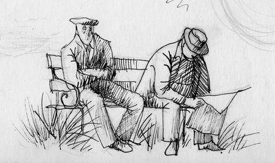Two men on a bench, c. 1950 by Shirley Markham