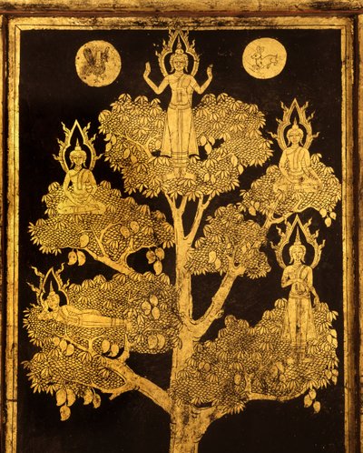 Back panel of a manuscript cabinet with Buddhist scenes, probably late Ayutthaya Period by Siamese School