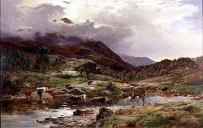 A Mountainous River Scene with Cattle in the Foreground by Sidney Richard Percy