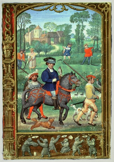 July: Falconry, haymaking and chasing butterflies, from a Book of Hours, or the Golf Book, c.1520-30 by Simon (workshop of) Bening