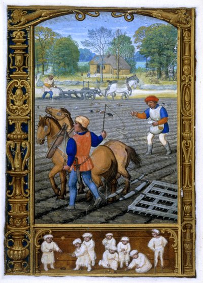 September: Ploughing and Sowing, from a Book of Hours, or the Golf Book, c.1520-30 by Simon (workshop of) Bening