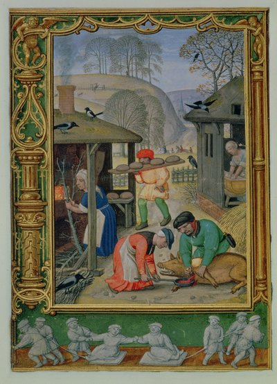 December: Preparing food for the winter, making bread and killing a pig, from a Book of Hours, or the Golf Book by Simon (workshop of) Bening