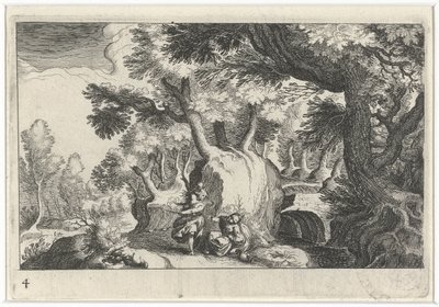 Forest Landscape with Hagar and Ishmael (Southern European Landscapes Series) (Topographia variarum regionum Series) by Simon Frisius