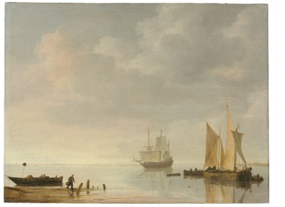 Coastal Scene with Ships Resting on Calm Waters by Simon Jacobsz. Vlieger