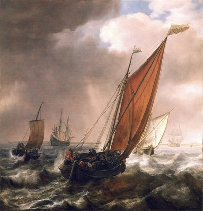 Small Dutch Transport Ship, Before the Breeze, in the Calm, Shallow Waters Along the Coast, Bearing the Flag of the Admiralty of Zeeland (North-East of the Netherlands) as well as that of Holland by Simon Jacobsz. Vlieger