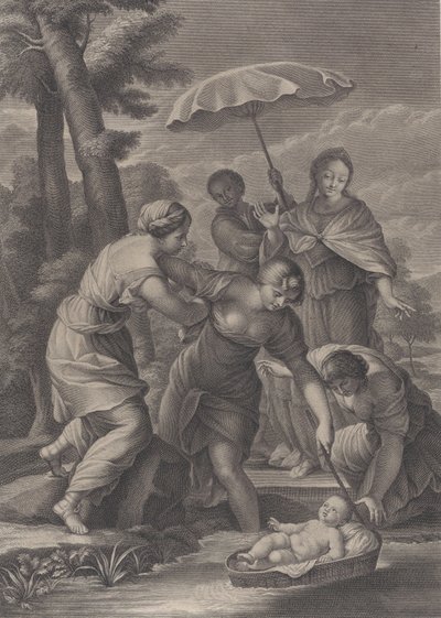 Three women pulling in the basket with the infant Moses from the water, ca. 1729 by Simon Vallee