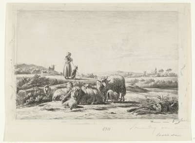 Landscape with Shepherdess and Dog by Flock of Sheep by Simon van den Berg