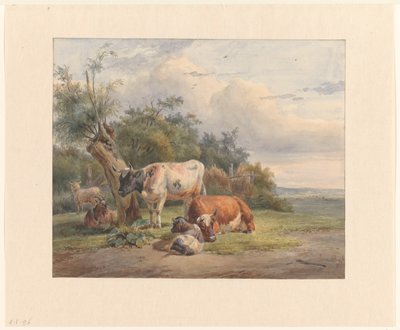 Landscape with Cattle by a Tree by Simon van den Berg