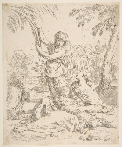Repose in Egypt, Mary Nursing the Infant Christ while an Angel Pulls at Tree Branches by Simone Cantarini