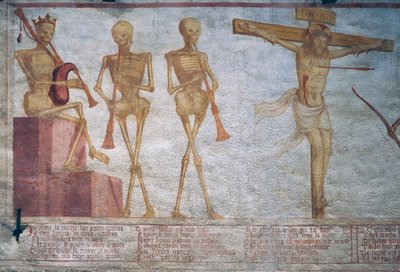 Three skeletons playing the Dance of Death and Christ on the cross (detail) by Simone II Baschenis