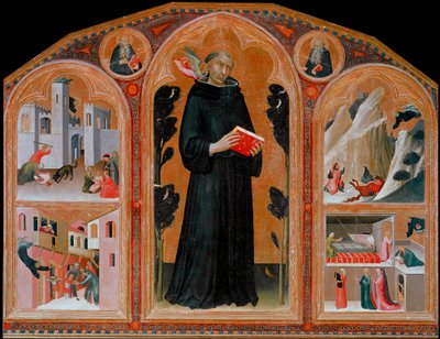 The Italian monk Agostino Novello said he Panormitano and the representation of four of his miracles. From left to right and from top to bottom: the child attacks by a wolf, the knight falls into the ravine, the child falls from the balcony, the child fall by Simone Martini