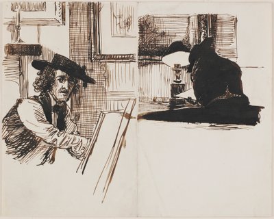 Whistler Drawing Poynter; Back View of a Man Seated at a Table Near a Lighted Lamp by Sir Edward John Poynter