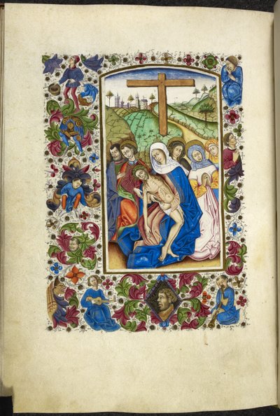 The Virgin Mary holding the body of Christ, with two disciples and women beside her, from a 