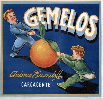 Advertising for oranges, image of two twin babies fighting for an orange. Advertising poster, Valencia by Spanish School