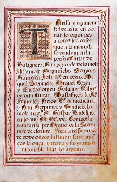 Book of Tariffs with the Weight and Prices of Meat, Wine, Oil, Fish and Other Products in the City of Paheria de Balaguer Controlled by the Mostassal by Spanish School