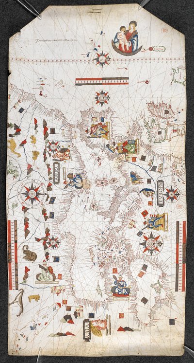 Chart of the Mediterranean and the Black Sea, and a portion of the Atlantic, from the British Islands in the north to the Canaries in the south; with the coast-lines; and with the names of the principal towns in Spanish, By Jaume Oliues, Mallorqui en Missi by Spanish School