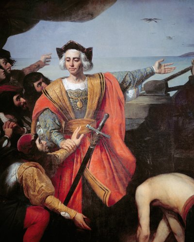 Christopher Columbus, on board his caravel, gestures to the island of Guanahani (San Salvador) on 12 October 1492 (detail) by Spanish School