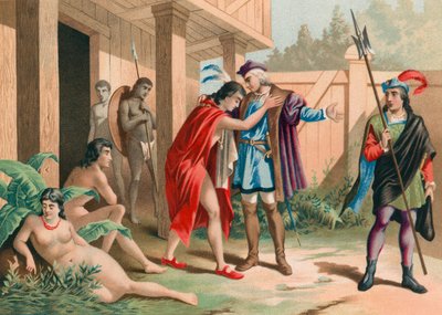 Columbus Says Goodbye to Chief Guacanagarix in Hispaniola by Spanish School