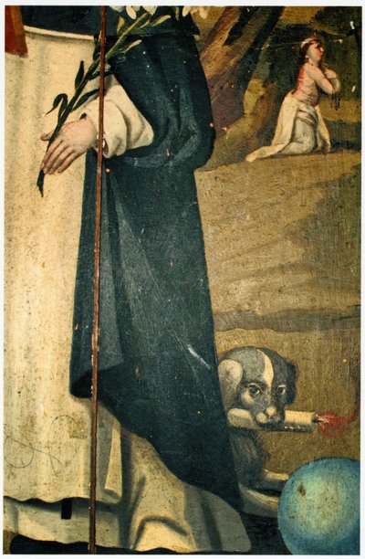 Detail showing the lily, staff and dog with torch, attributions of St. Dominic by Spanish School