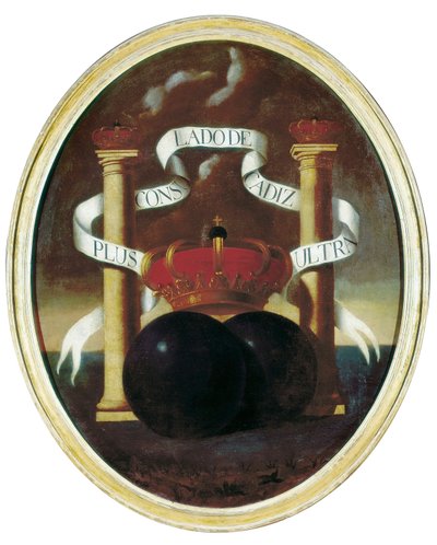 Emblem of Spanish transatlantic possessions which later became the city of Cadiz as a free port by Spanish School