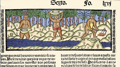 Gold mining: indigenous people sift the river in search of gold. Engraving from the book 