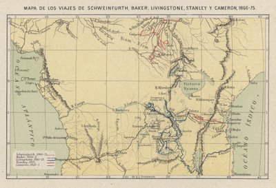Map showing the journeys of the explorers Georg August Schweinfurth, Samuel Baker, David Livingstone, Henry Morton Stanley and Verney Lovett Cameron in Africa by Spanish School