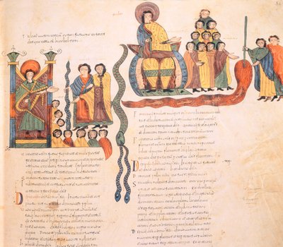 Moses and Aaron before the Pharaoh, Moses with the Serpent and creating one of the Plagues of Egypt by transforming with his staff the waters of the Nile into blood, from the Visigothic-Mozarabic Bible of St. Isidores by Spanish School