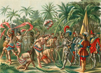 Reception from Anacaona, called the Golden Flower, on Hispaniola for Bartholomew Columbus and Hermano del Almirante by Spanish School