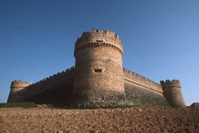 Three Corner towers and perimeter walls from below by Spanish School