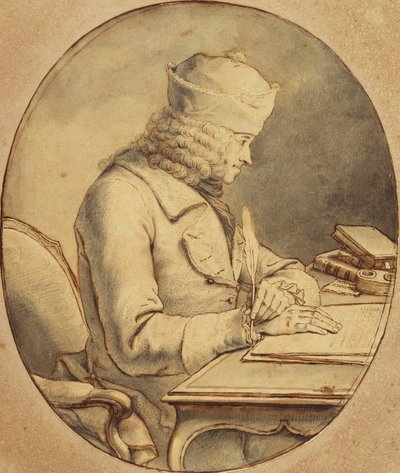 Voltaire seated at a Desk wearing a cap, in profile to the left by Stanislas Jean