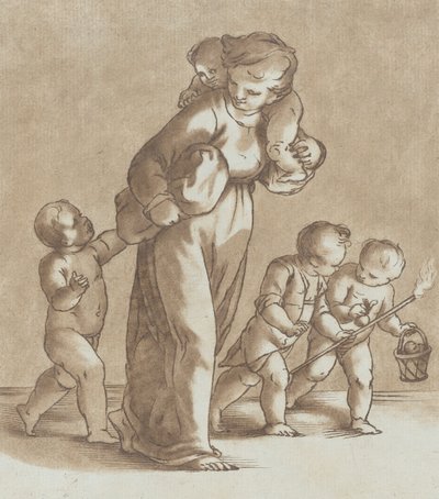 A young girl walks towards the left with one infant on her shoulder and holding another by Stefano Mulinari