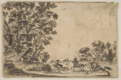 Plate 4: a deer hunt, two horsemen galloping towards the right behind three dogs and by Stefano della Bella