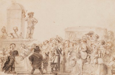 A Group of Dwarfs watching a Puppet show, with a carriage in the background by Stefano della Bella