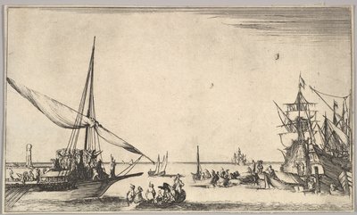 A Galley Arriving at Port to the Left, Several Rowboats in Center, Ships at Port to the Right by Stefano della Bella
