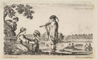 A Man Playing the Violin in Center, Turned Towards the Left in Profile, a Seated Woman to... by Stefano della Bella
