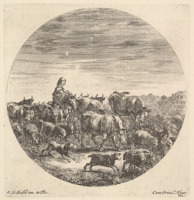 A Peasant Woman Seated on a Horse, Facing Right, Surrounded by a Herd by Stefano della Bella