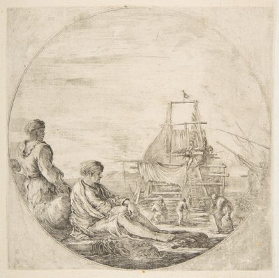 A seated white sailor and a standing black sailor, people building a ship in the background, ca. 1660 by Stefano della Bella
