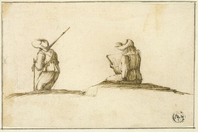 Artist Sketching and Soldier, Both Seen from Back by Stefano della Bella