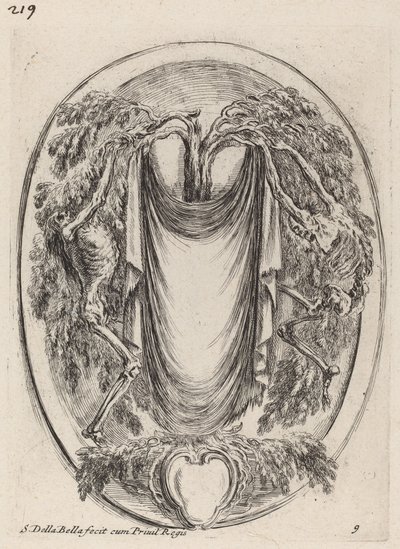 Cartouche in the Form of a Drape Suspended from a Cypress Flanked by Skeletons by Stefano della Bella