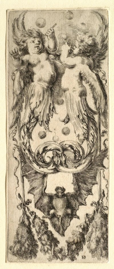 Cherubs Blowing Bubbles, Bat, and Garland by Stefano della Bella