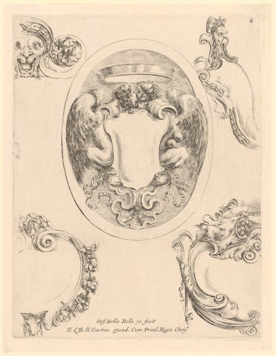 Cartouche with Two Kissing Harpies in an Oval by Stefano della Bella