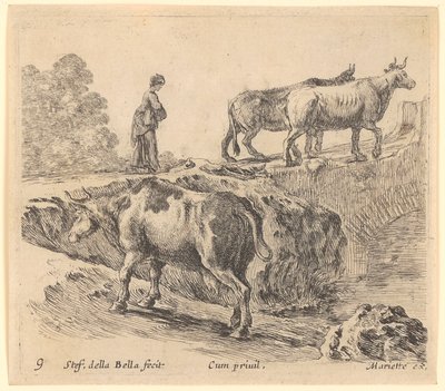 Cow Going Up a Hill, in the Background a Peasant Woman with Two Cows Steps onto a Bridge by Stefano della Bella
