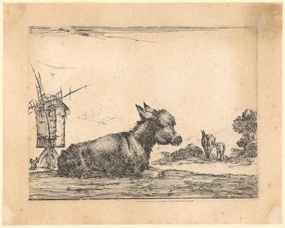 Lying Donkey by a Windmill by Stefano della Bella