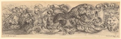 Ornamental Frieze with a Leaping Leopard in the Center, a Fruit Basket on the Left, a Grotesque Mask on the Right by Stefano della Bella