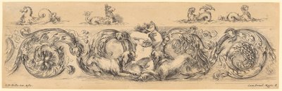 Ornamental Frieze with Naked Child in the Center, Flanked by Two Dogs Facing Him, Above Four Mythological Sea Creatures by Stefano della Bella
